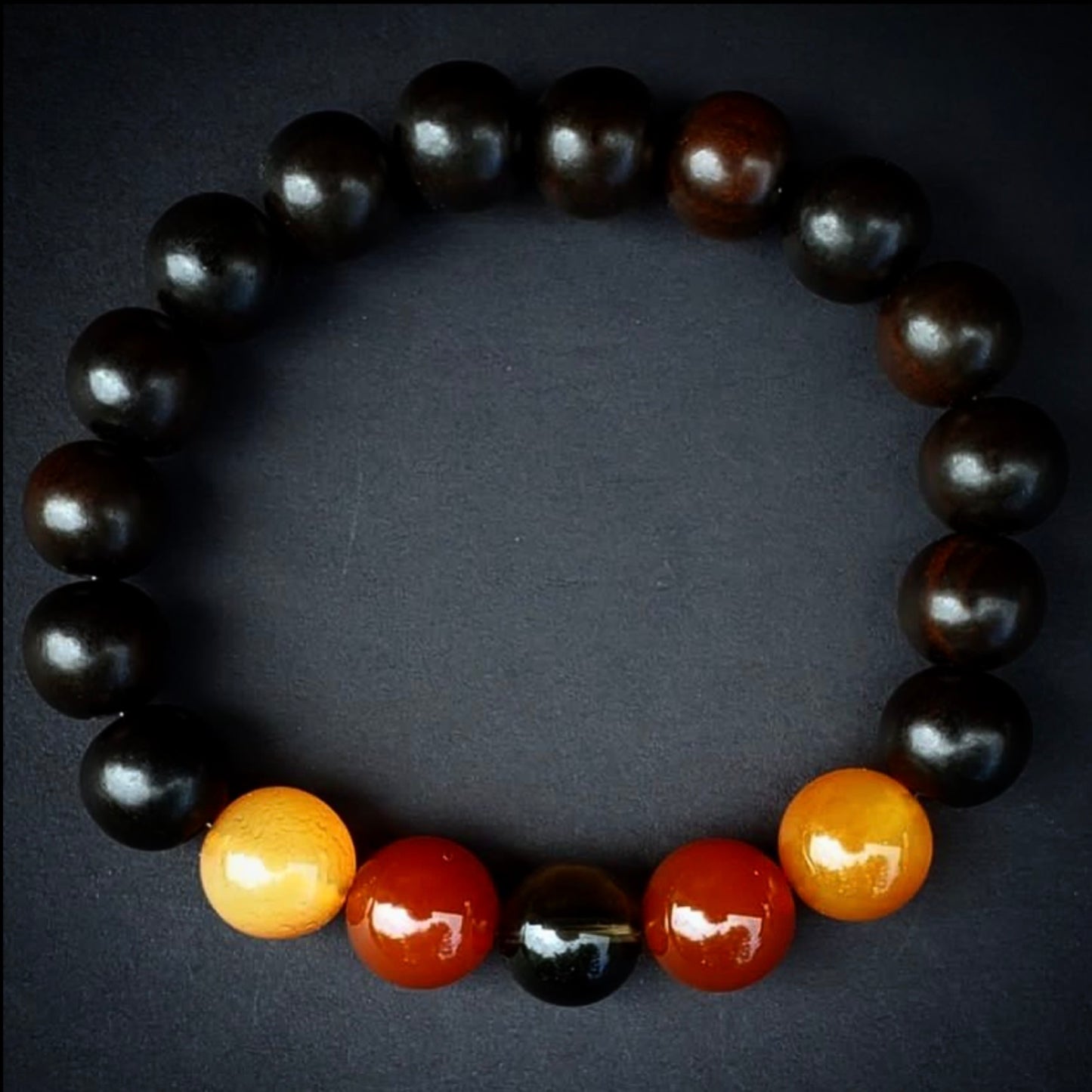 Beaded Crystal Bracelet: Ebony w/ Carnelian & Smokey Quartz