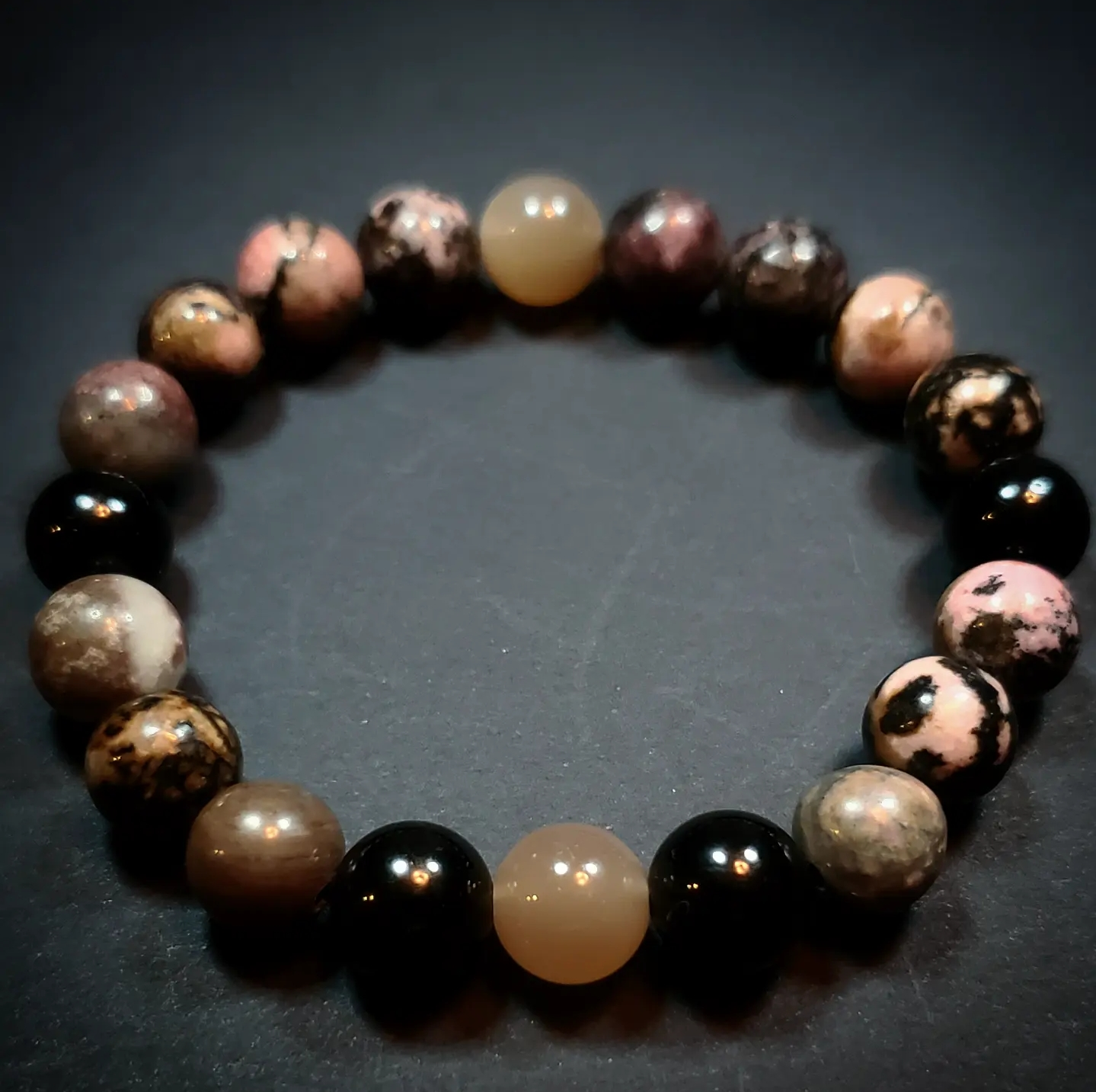 Beaded Crystal Bracelet: Rhodonite w/ Peach Moonstone & Black Tourmaline